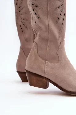 New Zazoo 2909 Zamszowe Kozaki Ażurowe Na Niskim Obcasie Beżowe Beżowy