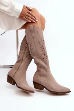 New Zazoo 2909 Zamszowe Kozaki Ażurowe Na Niskim Obcasie Beżowe Beżowy