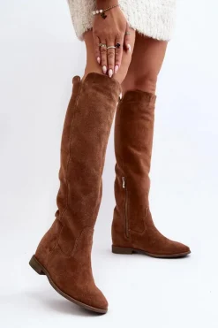 Best Zazoo 3407 Zamszowe Kozaki Do Kolana Na Płaskim Obcasie Camel