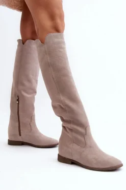Zazoo Kozaki Wiosenne|Kozaki Płaskie*3407 Zamszowe Kozaki Do Kolana Na Płaskim Obcasie Cappuccino