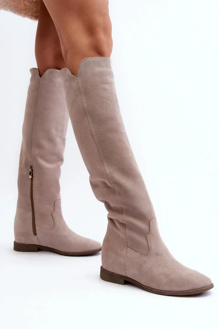Zazoo Kozaki Wiosenne|Kozaki Płaskie*3407 Zamszowe Kozaki Do Kolana Na Płaskim Obcasie Cappuccino