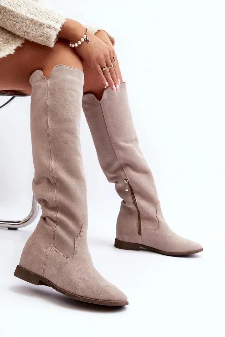 Zazoo Kozaki Wiosenne|Kozaki Płaskie*3407 Zamszowe Kozaki Do Kolana Na Płaskim Obcasie Cappuccino