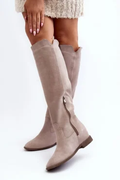 Zazoo Kozaki Wiosenne|Kozaki Płaskie*3407 Zamszowe Kozaki Do Kolana Na Płaskim Obcasie Cappuccino