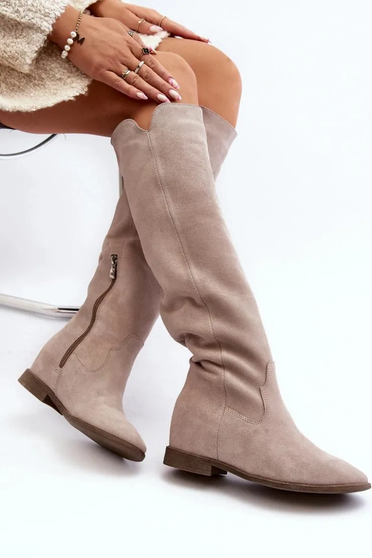 Zazoo Kozaki Wiosenne|Kozaki Płaskie*3407 Zamszowe Kozaki Do Kolana Na Płaskim Obcasie Cappuccino