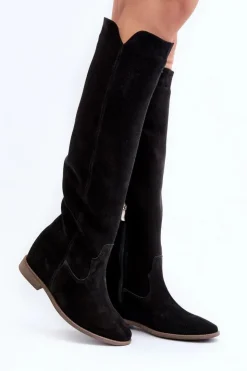 Discount Zazoo 3407 Zamszowe Kozaki Do Kolana Na Płaskim Obcasie Czarne Czarny