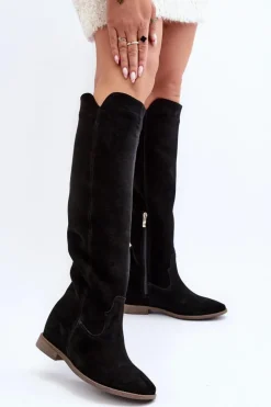 Discount Zazoo 3407 Zamszowe Kozaki Do Kolana Na Płaskim Obcasie Czarne Czarny