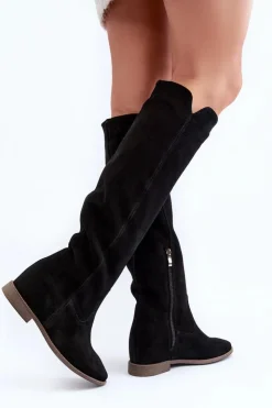 Discount Zazoo 3407 Zamszowe Kozaki Do Kolana Na Płaskim Obcasie Czarne Czarny