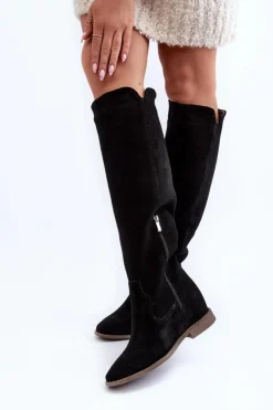 Discount Zazoo 3407 Zamszowe Kozaki Do Kolana Na Płaskim Obcasie Czarne Czarny