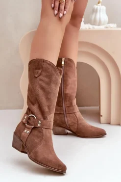 Damskie Zazoo 3669 Zamszowe Kozaki Kowbojki Damskie Do Połowy Łydki Brązowe