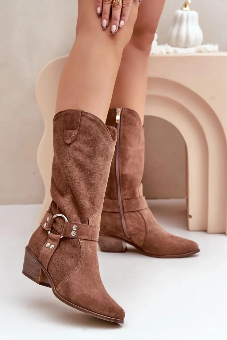 Damskie Zazoo 3669 Zamszowe Kozaki Kowbojki Damskie Do Połowy Łydki Brązowe