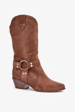 Damskie Zazoo 3669 Zamszowe Kozaki Kowbojki Damskie Do Połowy Łydki Brązowe