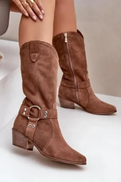 Damskie Zazoo 3669 Zamszowe Kozaki Kowbojki Damskie Do Połowy Łydki Brązowe