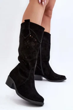 Zazoo Kozaki Na Słupku|Kozaki Wiosenne*4043 Zamszowe Kozaki Na Niskim Obcasie Ażurowe Czarne Czarny