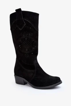 Zazoo Kozaki Na Słupku|Kozaki Wiosenne*4043 Zamszowe Kozaki Na Niskim Obcasie Ażurowe Czarne Czarny