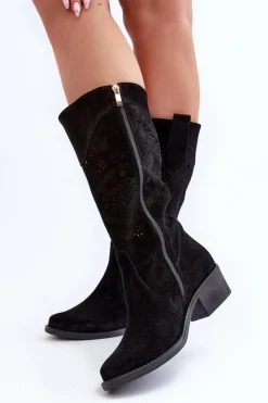 Zazoo Kozaki Na Słupku|Kozaki Wiosenne*4043 Zamszowe Kozaki Na Niskim Obcasie Ażurowe Czarne Czarny