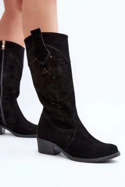 Zazoo Kozaki Na Słupku|Kozaki Wiosenne*4043 Zamszowe Kozaki Na Niskim Obcasie Ażurowe Czarne Czarny