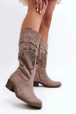 Sale Zazoo 4043 Zamszowe Kozaki Na Niskim Obcasie Ażurowe Cappucino Beżowy