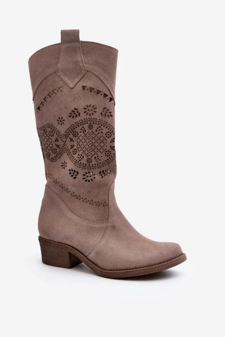 Sale Zazoo 4043 Zamszowe Kozaki Na Niskim Obcasie Ażurowe Cappucino Beżowy