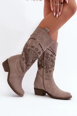 Sale Zazoo 4043 Zamszowe Kozaki Na Niskim Obcasie Ażurowe Cappucino Beżowy