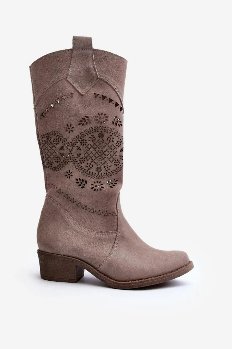 Sale Zazoo 4043 Zamszowe Kozaki Na Niskim Obcasie Ażurowe Cappucino Beżowy