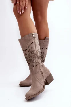 Sale Zazoo 4043 Zamszowe Kozaki Na Niskim Obcasie Ażurowe Cappucino Beżowy