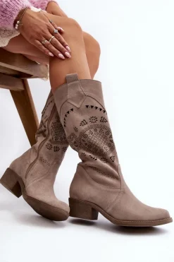 Sale Zazoo 4043 Zamszowe Kozaki Na Niskim Obcasie Ażurowe Cappucino Beżowy