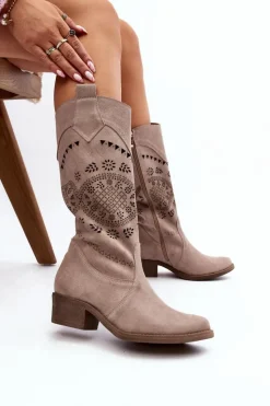 Sale Zazoo 4043 Zamszowe Kozaki Na Niskim Obcasie Ażurowe Cappucino Beżowy