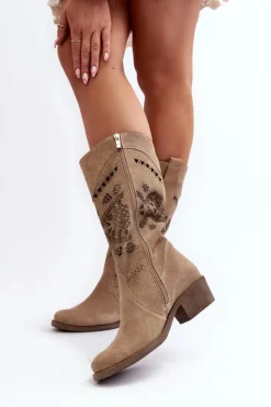 Damskie Zazoo 4043 Zamszowe Kozaki Na Niskim Obcasie Ażurowe Beżowe