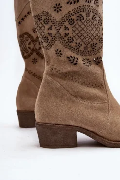 Damskie Zazoo 4043 Zamszowe Kozaki Na Niskim Obcasie Ażurowe Beżowe