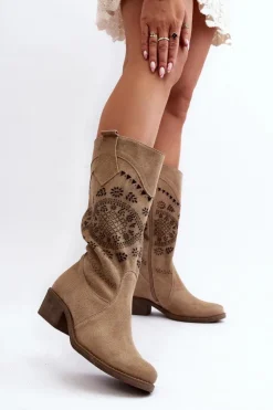 Damskie Zazoo 4043 Zamszowe Kozaki Na Niskim Obcasie Ażurowe Beżowe