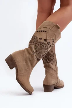Damskie Zazoo 4043 Zamszowe Kozaki Na Niskim Obcasie Ażurowe Beżowe