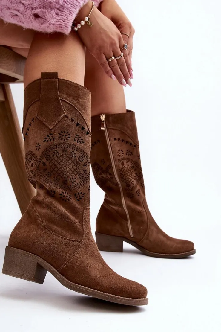 Zazoo Kozaki Wiosenne|Kozaki Ażurowe*4043 Zamszowe Kozaki Na Niskim Obcasie Ażurowe Brązowe