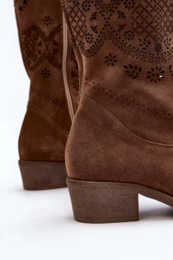 Zazoo Kozaki Wiosenne|Kozaki Ażurowe*4043 Zamszowe Kozaki Na Niskim Obcasie Ażurowe Brązowe