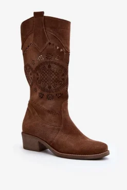Zazoo Kozaki Wiosenne|Kozaki Ażurowe*4043 Zamszowe Kozaki Na Niskim Obcasie Ażurowe Brązowe