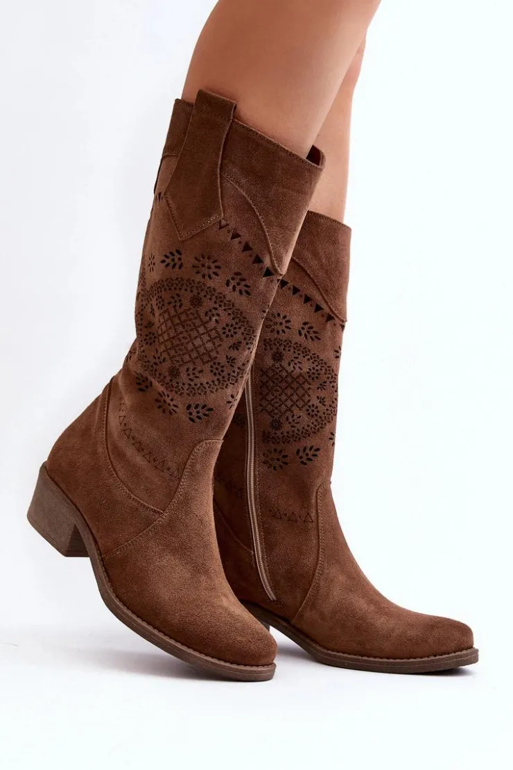 Zazoo Kozaki Wiosenne|Kozaki Ażurowe*4043 Zamszowe Kozaki Na Niskim Obcasie Ażurowe Brązowe
