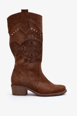 Zazoo Kozaki Wiosenne|Kozaki Ażurowe*4043 Zamszowe Kozaki Na Niskim Obcasie Ażurowe Brązowe