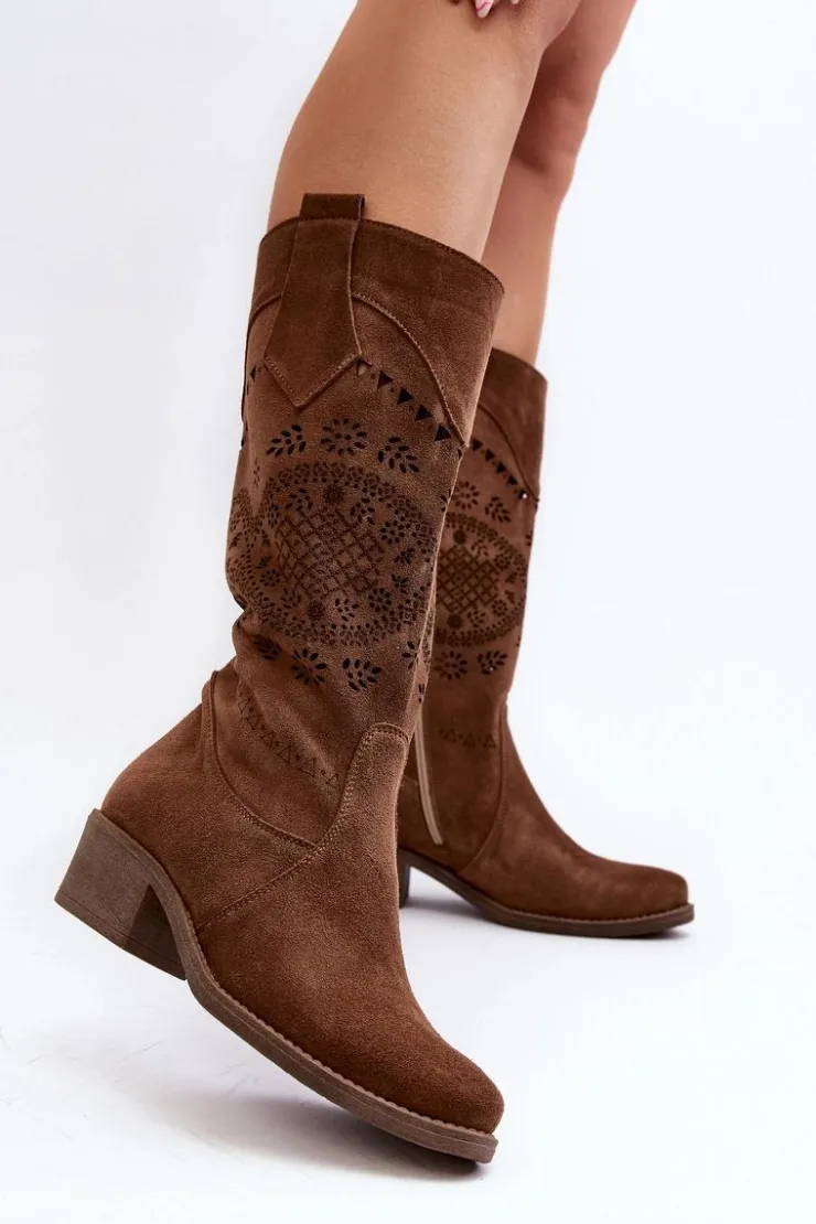 Zazoo Kozaki Wiosenne|Kozaki Ażurowe*4043 Zamszowe Kozaki Na Niskim Obcasie Ażurowe Brązowe