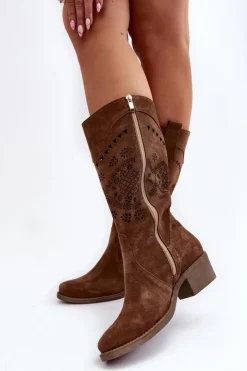 Zazoo Kozaki Wiosenne|Kozaki Ażurowe*4043 Zamszowe Kozaki Na Niskim Obcasie Ażurowe Brązowe