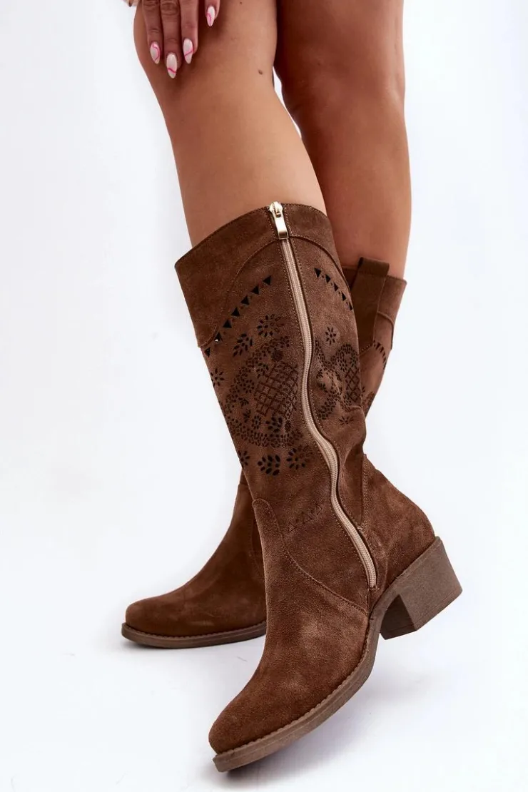 Zazoo Kozaki Wiosenne|Kozaki Ażurowe*4043 Zamszowe Kozaki Na Niskim Obcasie Ażurowe Brązowe