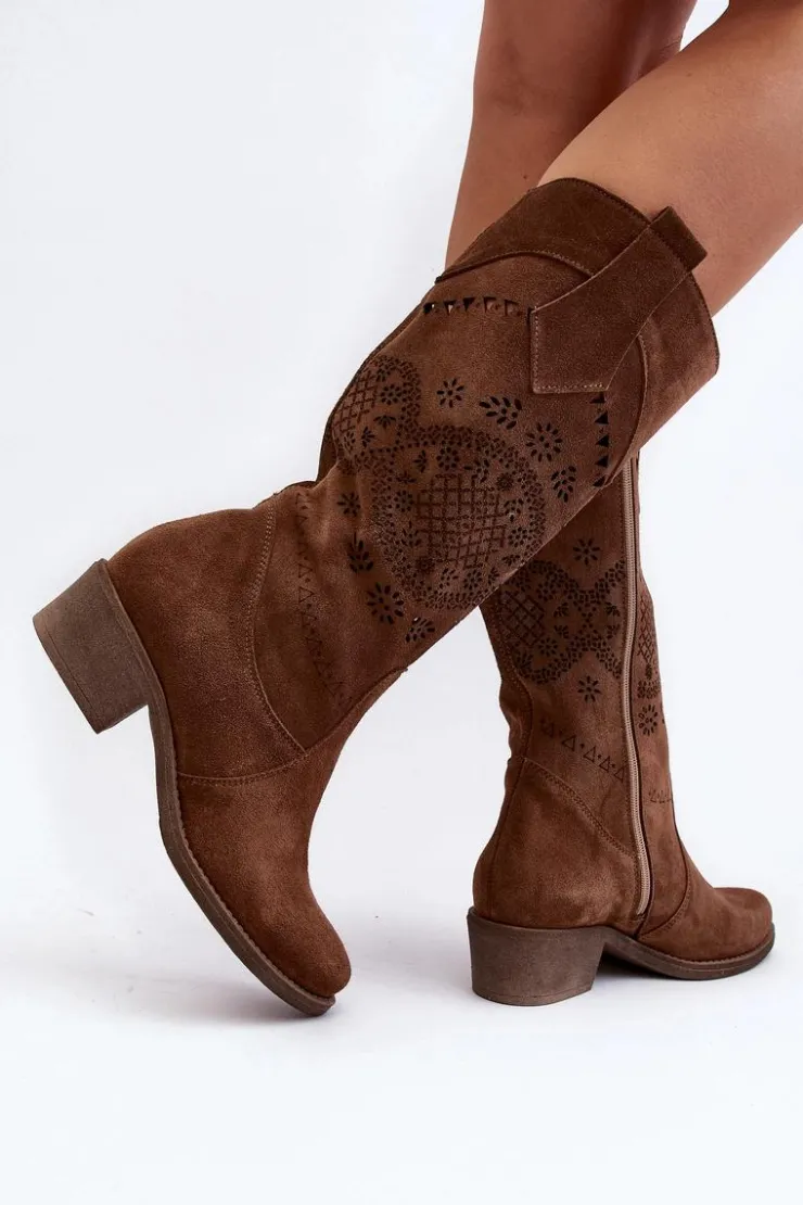 Zazoo Kozaki Wiosenne|Kozaki Ażurowe*4043 Zamszowe Kozaki Na Niskim Obcasie Ażurowe Brązowe