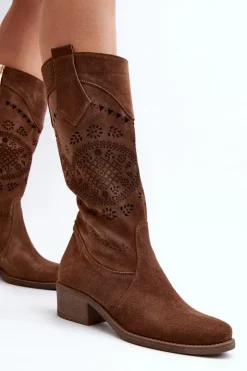 Zazoo Kozaki Wiosenne|Kozaki Ażurowe*4043 Zamszowe Kozaki Na Niskim Obcasie Ażurowe Brązowe