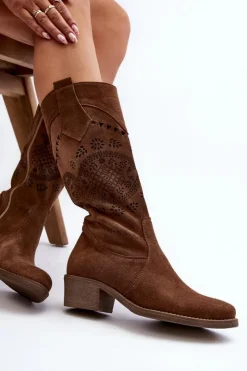 Zazoo Kozaki Wiosenne|Kozaki Ażurowe*4043 Zamszowe Kozaki Na Niskim Obcasie Ażurowe Brązowe