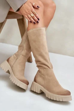 Zazoo Kozaki Ocieplane|Kozaki Przed Kolano*70145 Zamszowe Kozaki Przed Kolano Ocieplane Beżowe