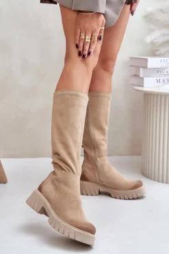 Zazoo Kozaki Ocieplane|Kozaki Przed Kolano*70145 Zamszowe Kozaki Przed Kolano Ocieplane Beżowe