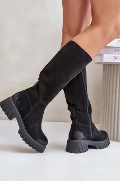 Sale Zazoo 70145 Zamszowe Kozaki Przed Kolano Ocieplane Czarne Czarny