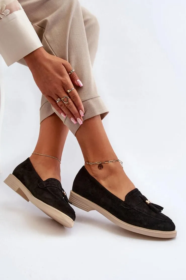 Damskie Zazoo 3420 Zamszowe Mokasyny Damskie Na Płaskim Obcasie Czarne