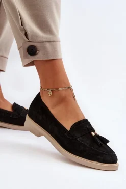 Damskie Zazoo 3420 Zamszowe Mokasyny Damskie Na Płaskim Obcasie Czarne