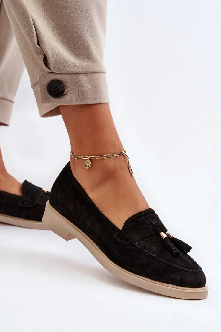 Damskie Zazoo 3420 Zamszowe Mokasyny Damskie Na Płaskim Obcasie Czarne