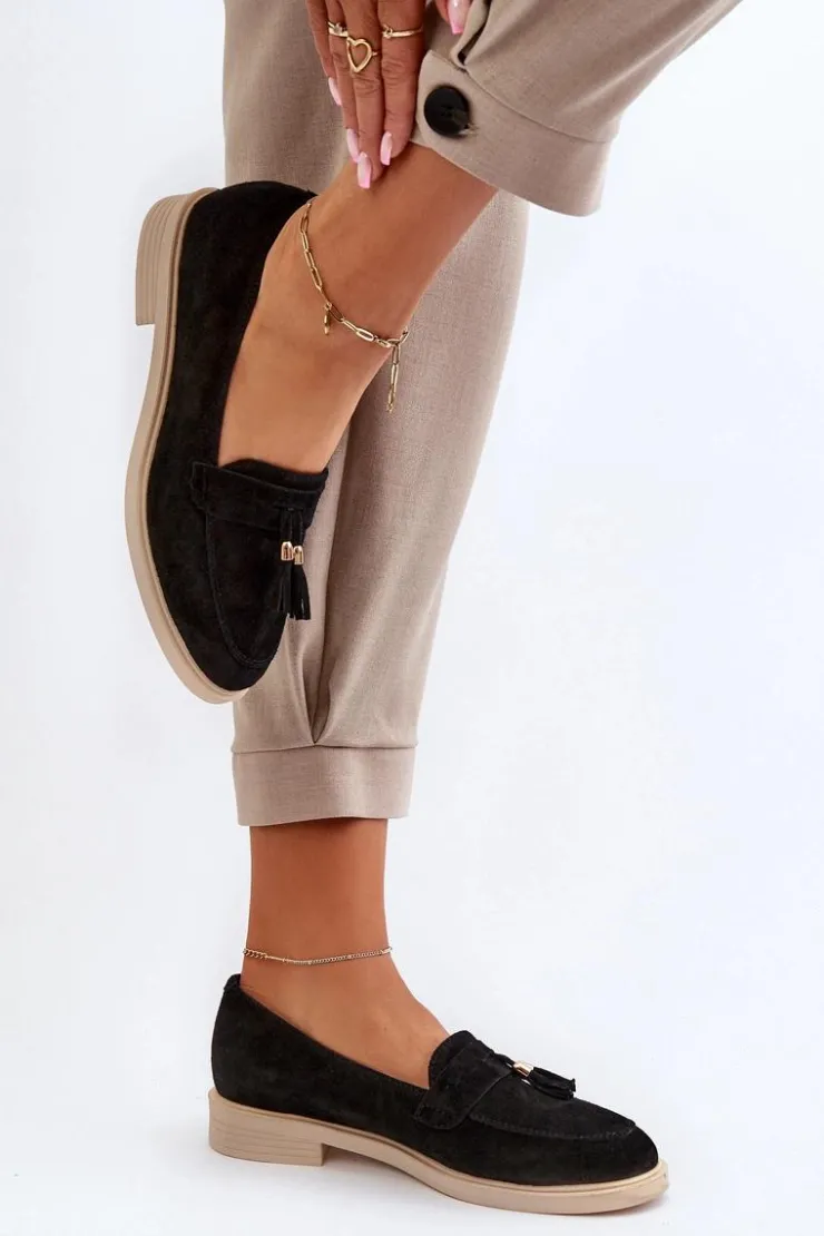 Damskie Zazoo 3420 Zamszowe Mokasyny Damskie Na Płaskim Obcasie Czarne