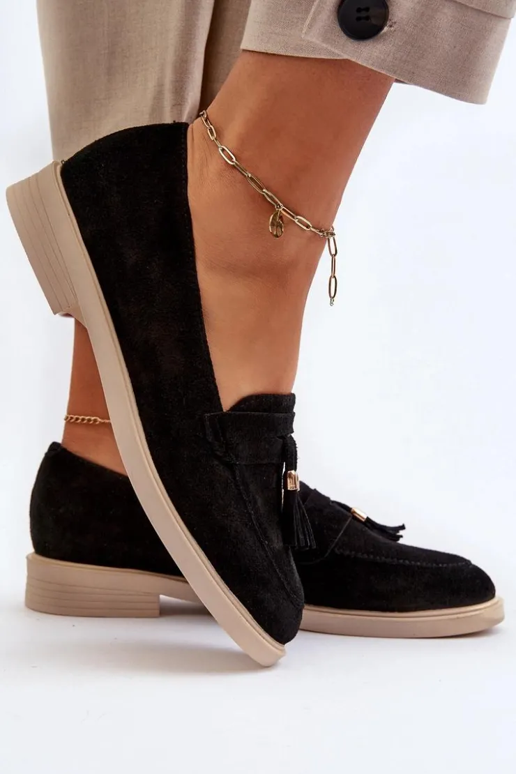 Damskie Zazoo 3420 Zamszowe Mokasyny Damskie Na Płaskim Obcasie Czarne